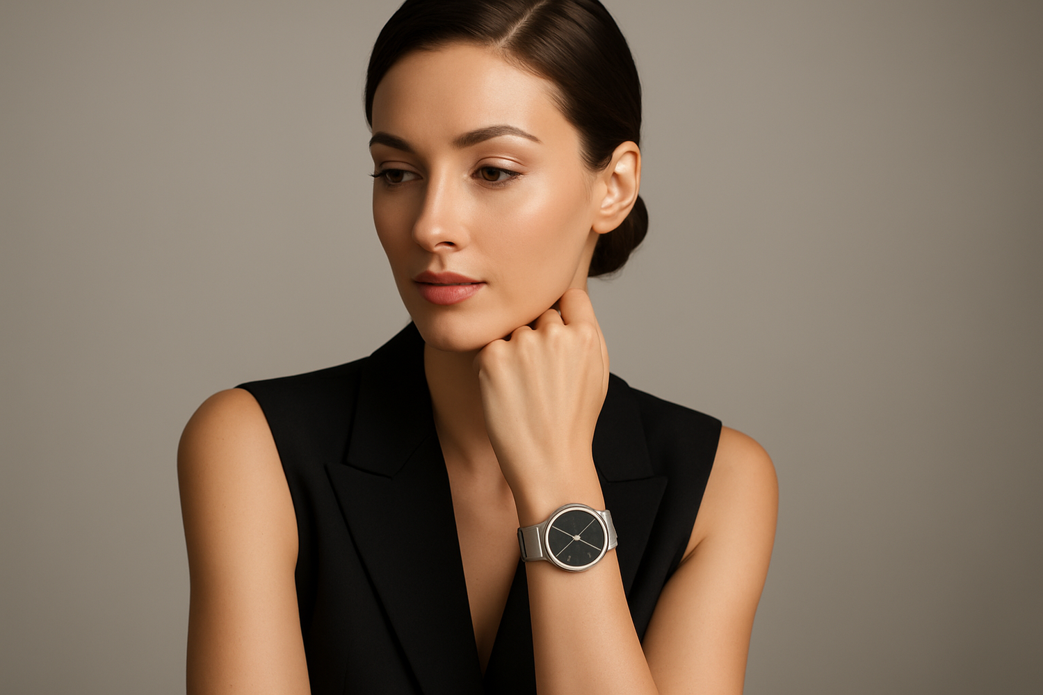 genere moi une image realiste de femme portant une montre chic qui va etre utilisé comme photo couverture pour ma nouvelle collection de montre sur mon site 