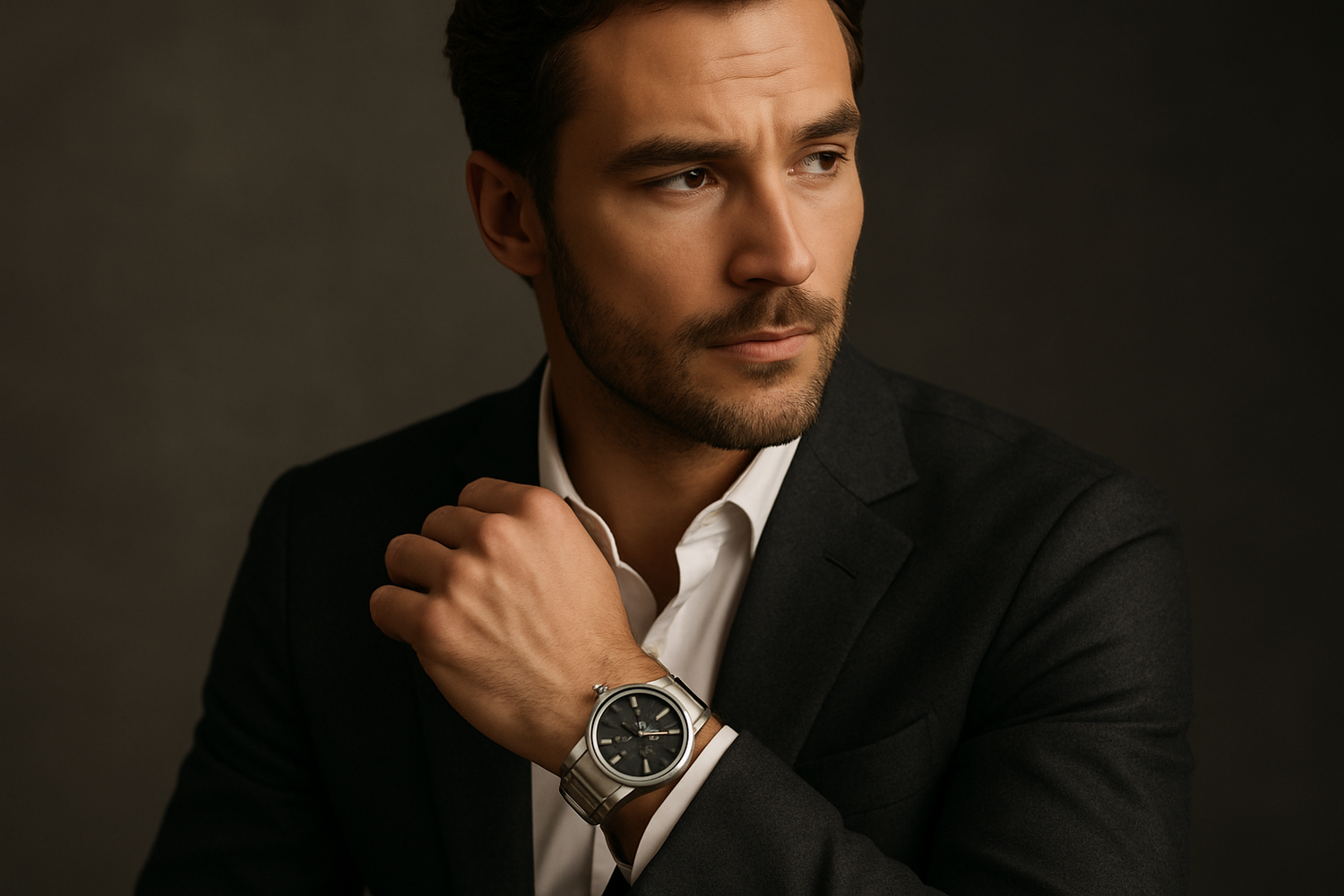 genere moi une image realiste d'homme portant une montre chic qui va etre utilisé comme photo couverture pour ma nouvelle collection de montre sur mon site 